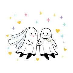 Cute Ghost Couple Wedding Vector Art