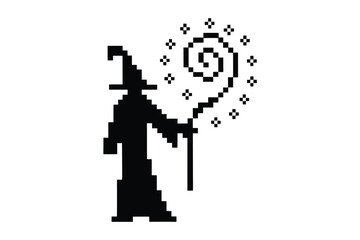 Pixelated sorcerer conjures magic with his wand and mysterious pixelated starlike symbol