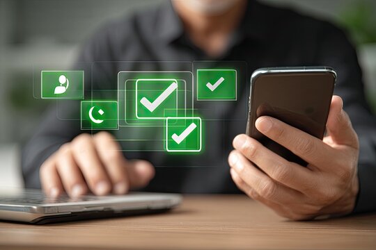 Man using a phone with checkmark icons overlay