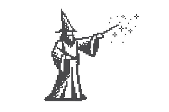 Pixelated sorcerer wearing a pointed hat casts a magic spell with a staff