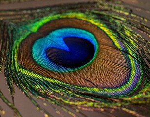Fototapeta premium Peacock feather displaying iridescent colors in close up macro shot