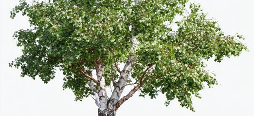 Fototapeta premium Full shot of a birch tree with light gray bark and vibrant green leaves