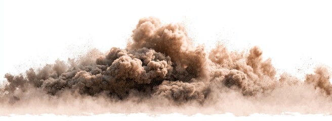 A large cloud of beige-brown dust erupts against a white background
