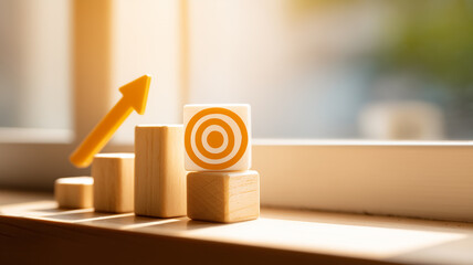 A set of blocks with an arrow aiming at a target representing strategy execution and the concept of measured growth and goal achievement.
