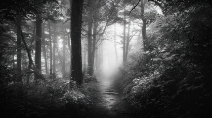 Naklejka premium Moody monochrome forest path, fog-shrouded, trees tall, nature's beauty in a grayscale scene