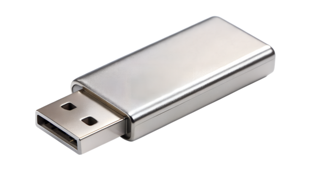 Silver usb flash drive for data storage isolated on transparent background, a compact and convenient device for transferring files and backing up data