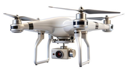 A white drone with a camera isolated on transparent background, showcasing its design and technology for aerial photography and videography