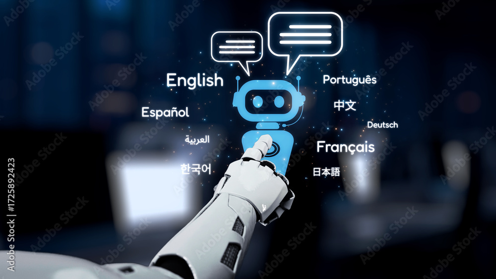 Poster this image depicts a futuristic robot interacting through multilingual communication, highlighting v