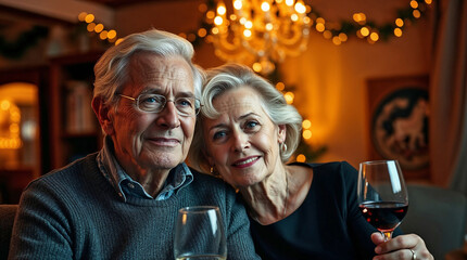 Old couple celebrating anniversary at home with glasses of red wine in warm light. This loving old couple celebrating anniversary enjoying each other's company.
