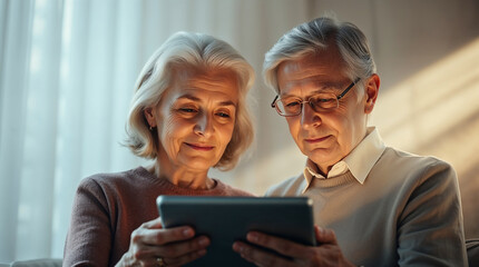 Elderly couple using tablet in cozy living room, senior citizens enjoying modern technology. Elderly couple share experiences, discovering new content together, using tablet for entertainment.