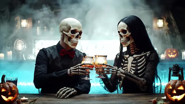 Two skeletons in spooky attire clinking glasses at a bar with pumpkins and smoke for a festive Halloween celebration