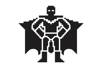 Pixelated superhero figure is standing tall with hands on hips and wearing a cape