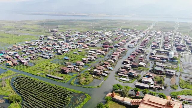 Aerial view of houses on stilts in inle lake, myanmar