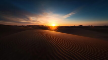 Sunset over golden sand dunes desert landscape nature photography tranquil environment wide-angle view scenic beauty