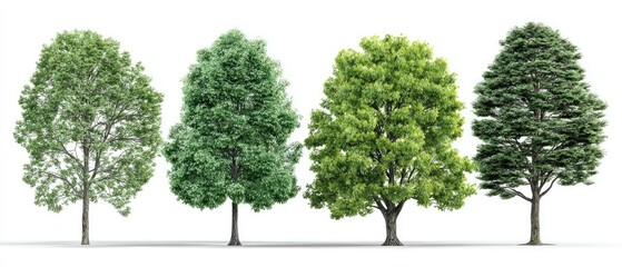 Four different deciduous trees, various shades of green, set against a white background