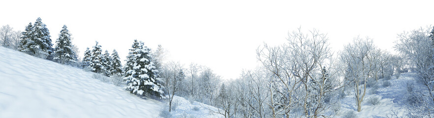 3D render panoramic view of mountains in winter on a transparent background.