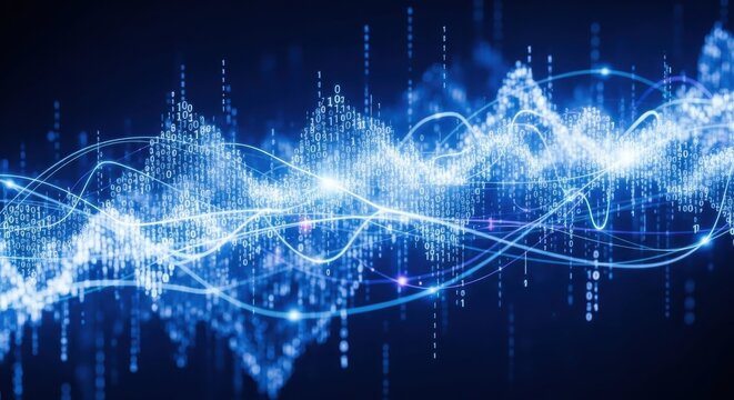 Abstract visualization data analytics stream featuring binary code and flowing lines