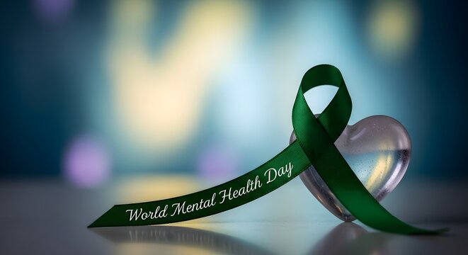 Symbol of solidarity and support for mental health awareness, featuring a green ribbon and a clear heart on a soft bokeh background.