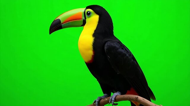 Vibrant keel-billed toucan perched on branch, turning head in lush green rainforest setting. Perfect exotic nature footage for documentaries and educational content