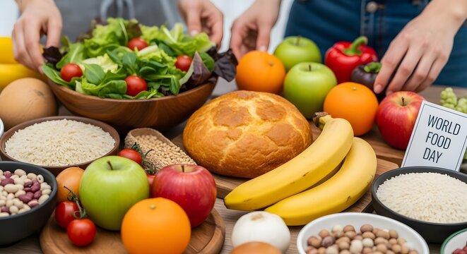 Abundant selection of fresh fruits, vegetables, grains, and bread showcasing World Food Day celebration. - Powered by Adobe