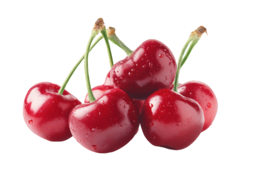 Fresh red cherries with water droplets isolated on black background, cut out