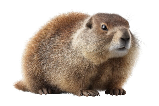 Close-up portrait of a fluffy groundhog in profile view, cut out