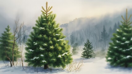 Fototapeta premium Winter forest scene with snow covered pine trees in soft light
