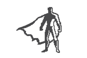 Pixelated superhero figure stands powerfully with their cape billowing on a clean white backdrop