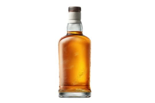 Unopened whiskey bottle with amber liquid and white label on black background, cut out