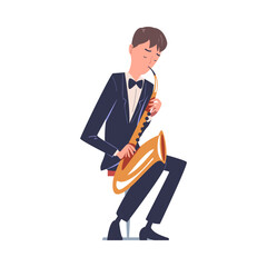 Man Musician Character Play Saxophone Musical Instrument on Stage Vector Illustration