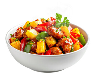 Chinese stir fried chicken with pineapple and peppers in black bowl isolated png transparent background