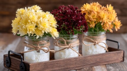 Three jars holding vibrant yellow and maroon flowers sit on a wooden tray, adding charm and color to any space or event