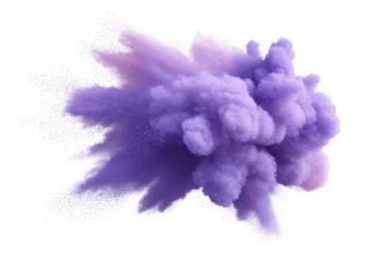 Dynamic purple powder explosion with smoke and cloud effects, cut out