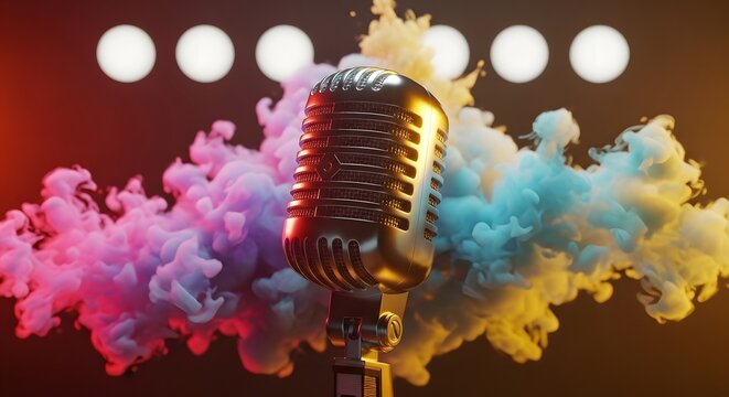 Vintage microphone on stage amidst a dynamic burst of colorful smoke under bright lights, evoking the vibrant energy of live music, performance, and entertainment events.