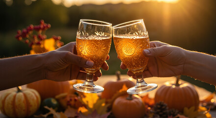 Family couple clinking glasses of cider during a sunset in an autumn setting