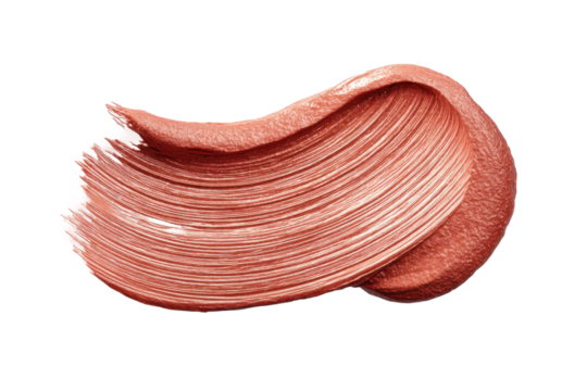 Shimmering rose gold paint stroke with textured curves on black background, cut out