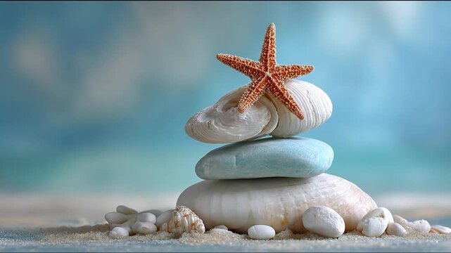 Balanced stones seashell starfish