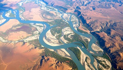 Breathtaking aerial view of a meandering river carving through arid terrain