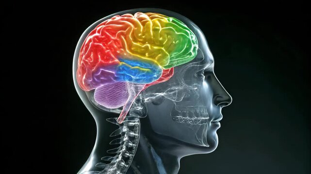 Human head profile with transparent skin showing rainbow colored brain on a black background