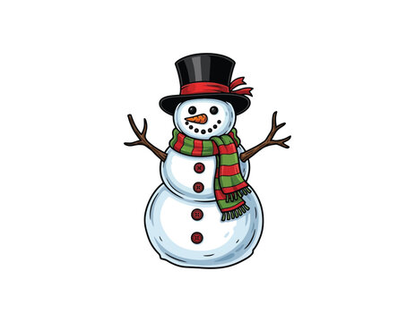 Cheerful vector illustration of a snowman, adorned with classic top hat, carrot nose, and striped scarf, ideal for festive winter holiday projects