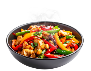 Chinese stir fried chicken with vegetables in black bowl isolated png transparent background