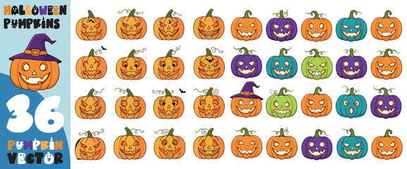 Obraz premium Collection of colorful and spooky halloween pumpkins with carved faces and witch hats isolated on white background