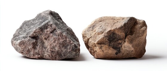 Two rough, irregular rocks, one light gray/brown, the other light brown/tan, are set against a white background