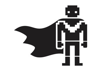 Pixelated superhero stands confidently wearing a cape in black and white color scheme
