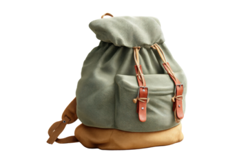 Vintage green and tan backpack with leather straps on black background, cut out