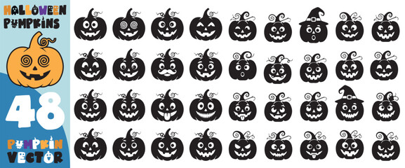 Collection of 48 unique hand drawn halloween pumpkin faces and characters with spooky and funny expressions for autumn holiday design