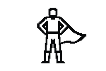 Pixelated superhero stands confidently with arms on hips and billowing cape on white