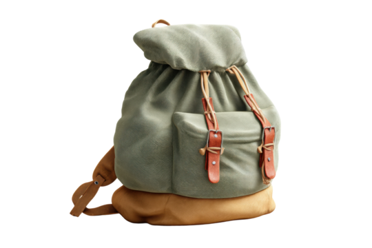 Vintage green and tan backpack with leather straps on black background, cut out