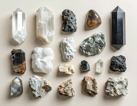 Assorted crystals displayed on a neutral surface in natural light