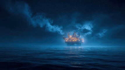 Obraz premium A solitary oil rig stands illuminated against a serene night sky over a vast, dark ocean.